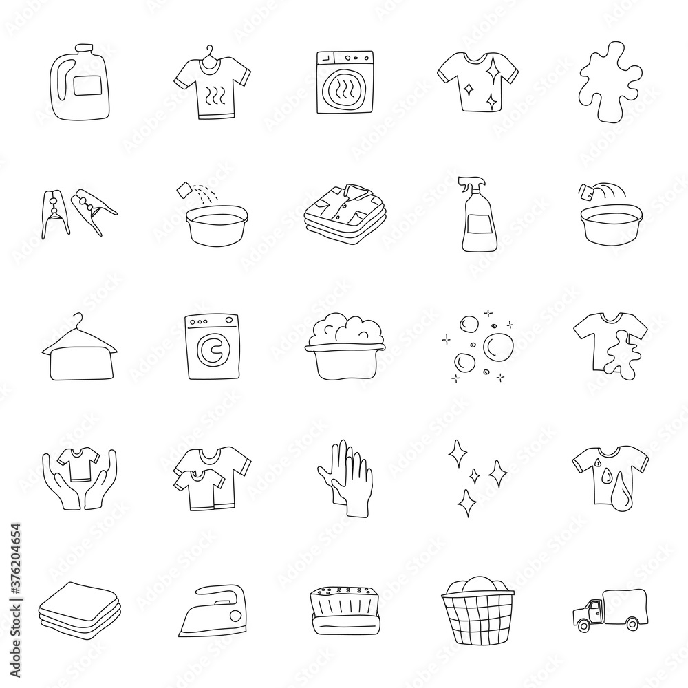 Poster laundry hand drawn linear doodles isolated on white background.laundry icon set for web and ui desig