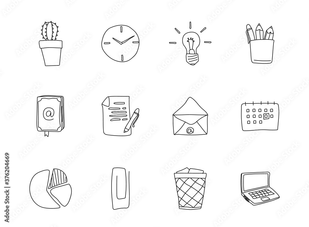 Poster office doodles isolated on white. office icon set for web design, user interface, mobile apps and pr
