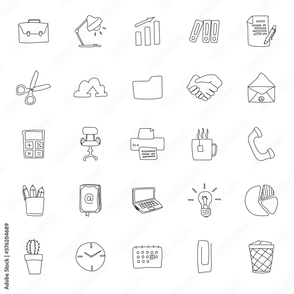 Poster office hand drawn linear doodles isolated on white background. office icon set for web and ui design