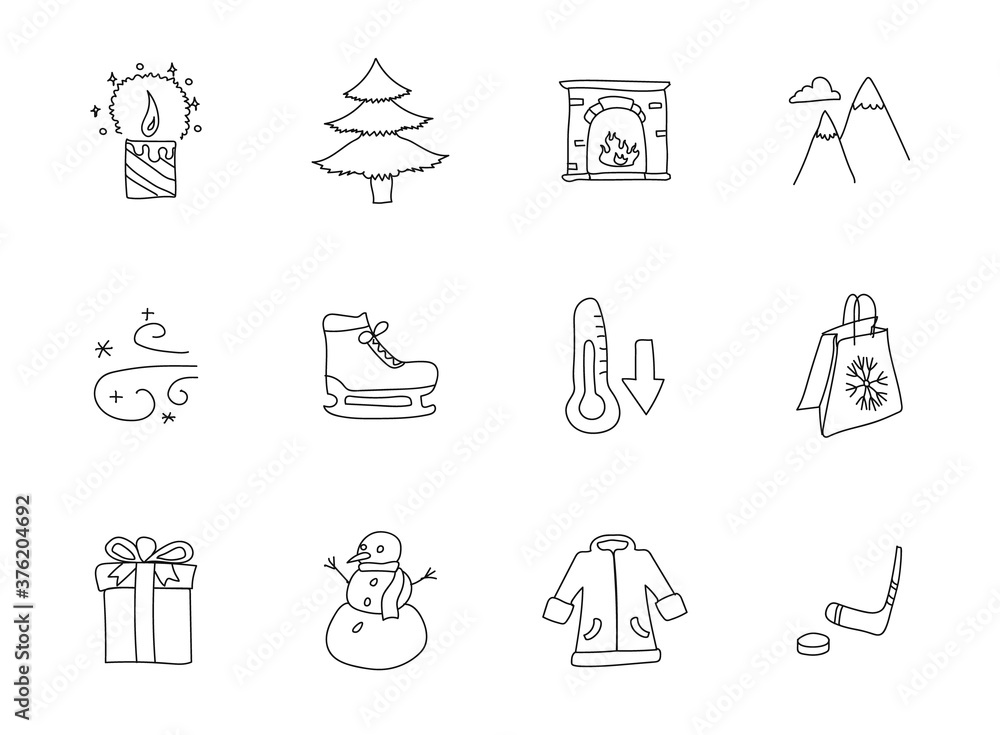 Poster winter hand drawn linear vector icons isolated on white background. winter doodle icon set for web a