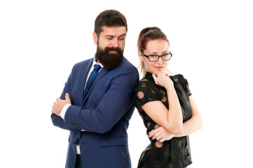 Professional life coaching course. Coaches or teachers isolated on white. Business coaches. Sexy woman and bearded man in formal wear. Relationship coaches. Learning from best career coaches
