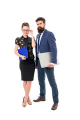 Couple focused on career. Couple of business partners. Couple in love isolated on white. Couple working together. Work with spouse. Business partnership. Work relationship. Career versus family