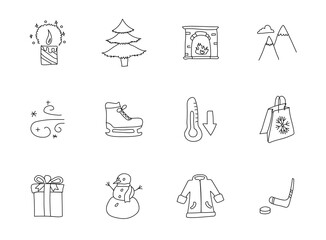 winter hand drawn linear vector icons isolated on white background. winter doodle icon set for web and ui design, mobile apps and print products
