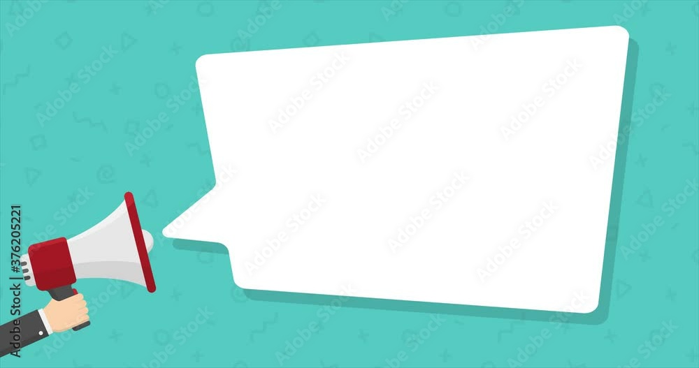 Poster loudspeaker with white copy space speech bubble 4k animation. loudhailer in hand background with pla