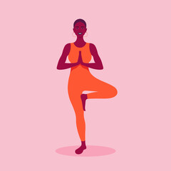 An African woman is standing in a yoga pose. Exercise for health. Vector flat illustration