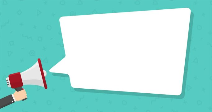 loudspeaker with white copy space speech bubble 4k animation. loudhailer in hand background with place for text motion design