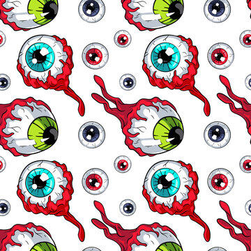 Colorful Eyeballs seamless pattern. Spooky vector illustrations for your Halloween, costume party and other designs, menu, party invitations, greeting cards, posters, cover, package, etc.
