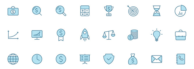 business finance outline icon set in two colors. business finance blue vector icons isolated on white background. for web and ui design