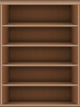 Bookshelf virtual library. Vector realistic wooden online media books background. Book store shelf template. Tablet screen size. Isolated graphic illustration.