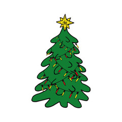 Christmas tree with star and garlands of light bulbs hand drawn doodle. single element for design icon, sticker, card, poster. minimalism, new year, holiday, party, lights, decorations, cute