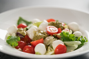 Salad with miced greens , tomatoes and mozzarella in white bowl