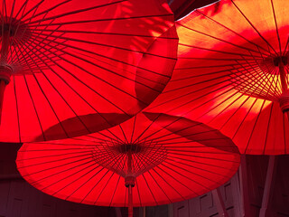 Low angle view of red parasols in sunlight