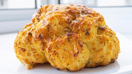 Composition in bright sunlight, in a home interior. Juicy cauliflower baked with cheese and paprika. On a white plate
