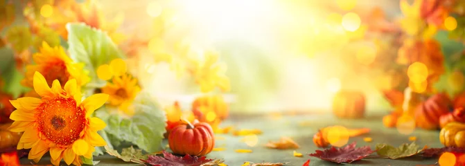  Autumn festive background with sunflowers, pumpkins and fall leaves. Concept of Thanksgiving day or Halloween with copy space © Svetlana Kolpakova