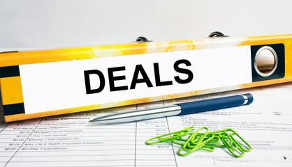 Text Deals on the folder that is located on the financial reports with blue pen and green paper...
