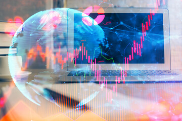 Multi exposure of business theme icons and table with computer background. Concept of success.