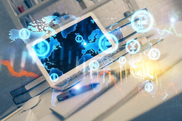 Fototapeta premium Financial market graph hologram and personal computer on background. Multi exposure. Concept of forex.