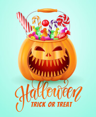Halloween lettering background, funny pumpkins and balloons. Greeting card for party and sale. Autumn holidays. Vector illustration EPS10.