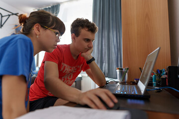 Students couple working online