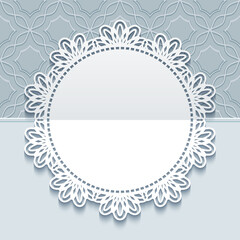 Round frame with lace border pattern on ornamental background. Elegant lacy decoration for wedding invitation or greeting card design. Template for laser cutting. 