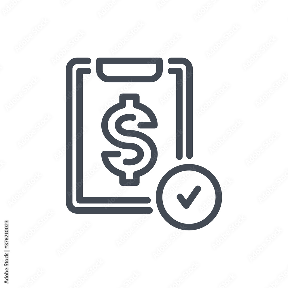Poster clipboard with dollar and check mark line icon. financial report with tick vector outline sign.