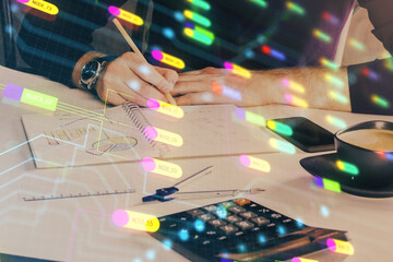 Writing Man hands with data theme multi exposure icons.