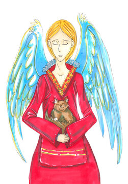 Hand drawn illustration the Guardian Angel with brown cat. Pen markers.