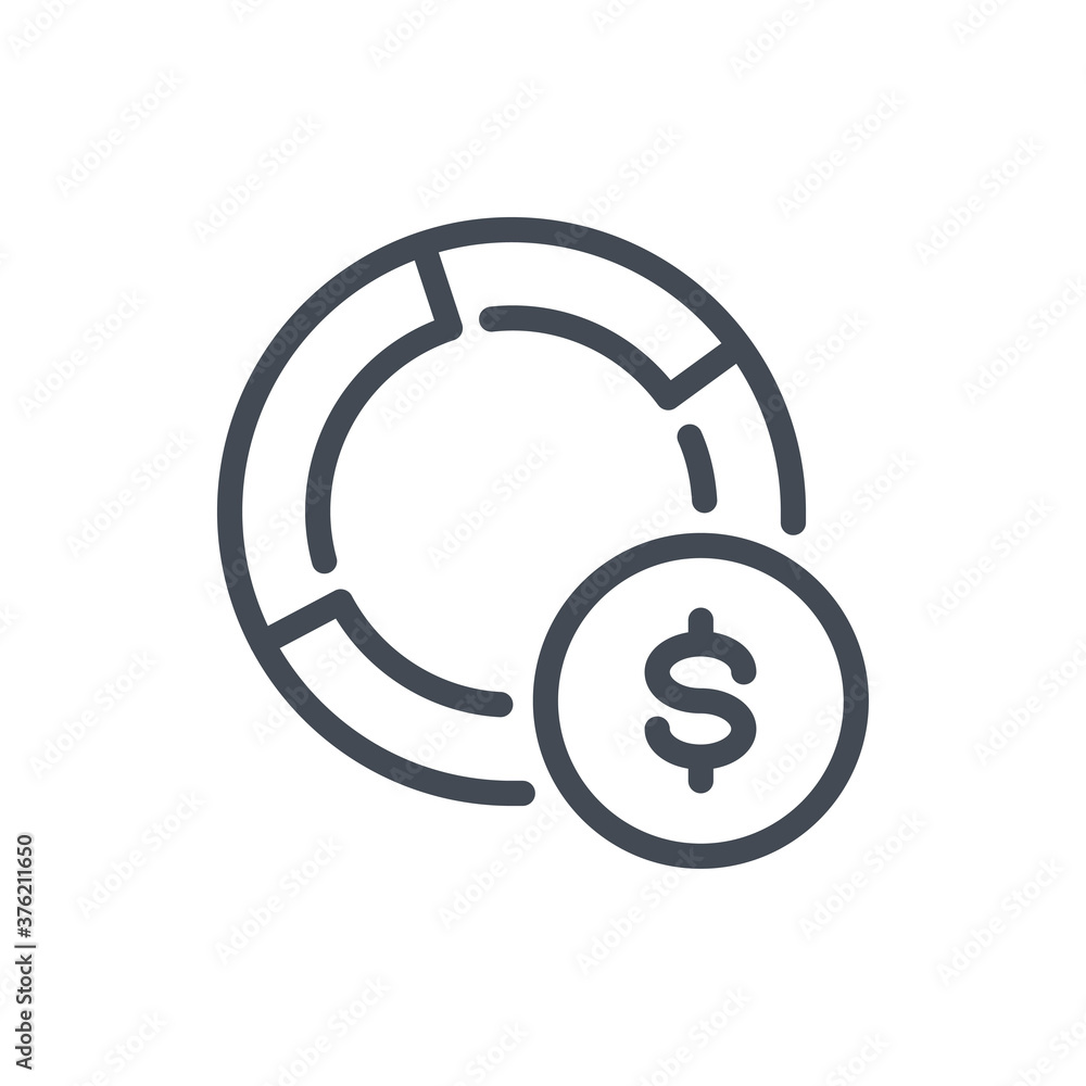 Poster Finance Report and Statistics line icon. Dollar coin with Pie Chart vector outline sign.