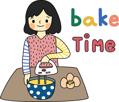 Cartoon of The girl enjoys her baking time for bakery. Simple cute hand draw line vector and minimal icons flat style character illustration.
