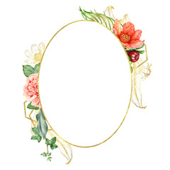 Pomegranate and peony flower golden frame watercolor illustration. Hand drawn fresh beautiful blossoms with palm leaves elegant golden frame. Exotic floral arrangement isolated on white background