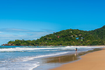 Surfer walking along beautiful beach shore in Brazil