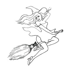 Sexy Witch. Vector illustration of a witch on a broomstick in doodle style. Black and white drawing. Image of a witch.