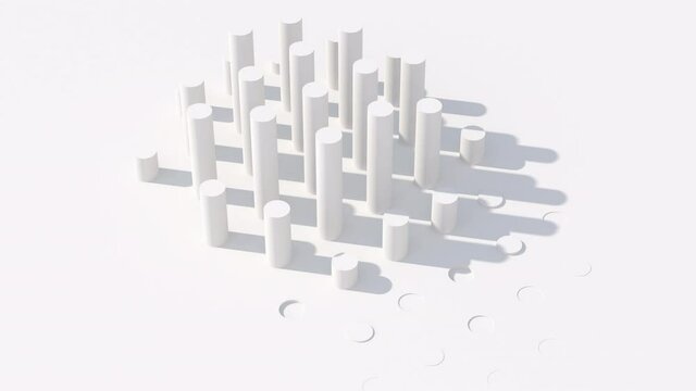 White rods rising. White background, hard light. Abstract animation, 3d render.