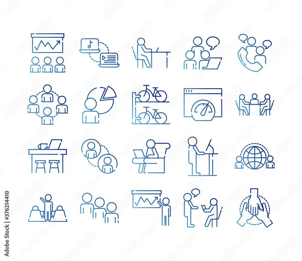 Poster bundle of twenty coworking set gradient style icons