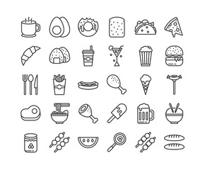 food icons set,Food and drink flat icons,Vector illustration included icon.Line icon set of food services elements.Chef cooking.Editable Stroke. 64x64 Pixel