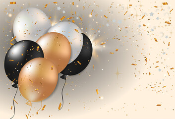 Celebration design background with festive realistic balloons with ribbon and glitter confetti.