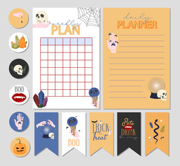 Set of weekly planners, wish list, stickers, tags with Halloween illustration. Scheduler or organizer. Editable vector illustration.