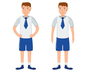 Fototapeta na wymiar Student boy character in school clothes, concept man standing isolated on white, flat vector illustration. Smiling cartoon school child.