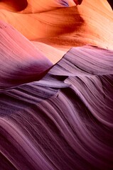 Upper Antelope Canyon near the town of Page in Arizona, USA, closeup of colorful rock layers, prime time, noonday