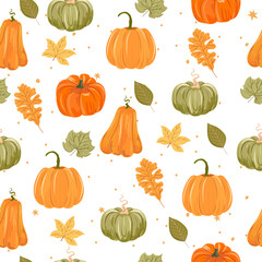 Seamless pattern with autumn leaf and pumpkin. Editable vector illustration 
