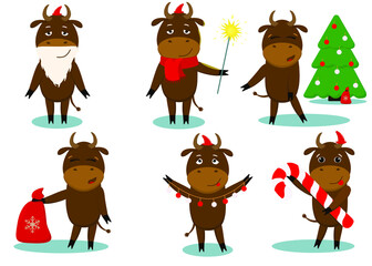 set of illustrations with a bull symbol of the 2021 Chinese new year