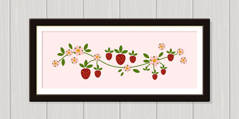 Home decor. Wall art. Strawberries hanging on branch with flowers. Digital poster for printing