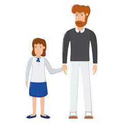 Father man hold arm young school daughter character, girl and male standing isolated on white, flat vector illustration. Concept cartoon family.