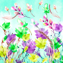 Watercolor pattern, background with a floral pattern. Beautiful vintage drawings of plants, flowers for your desig. For cloth, paper, scarf. A flower of a camomile. Blue sky. Flowers in the meadow 