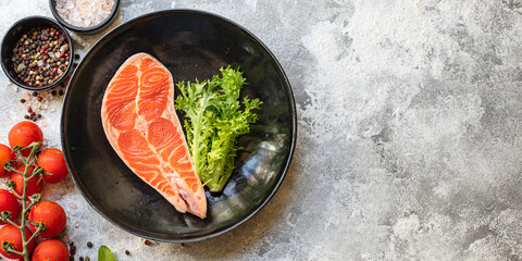 salmon raw red fish steak fillet seafood serving size copy space for text diet pescetarian