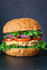 burger meat pork, beef or chicken grilled cutlet sandwich vegetables serving size organic ething top view copy space for text