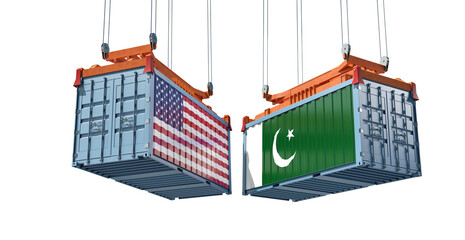 Freight containers with Pakistan and USA flag. 3D Rendering 