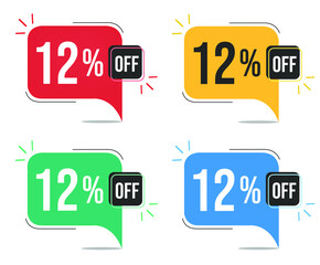 12% off. Red, yellow, green and blue tags with twelve percent discount. Banner with four colorful balloons with special offers vector.