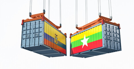 Freight containers with Myanmar and Ecuador flag. 3D Rendering 