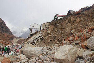 Uttarkashi,Uttarakhand/India- June 17 2013: Collapsed houses during Kedarnath Disaster 2013 in...